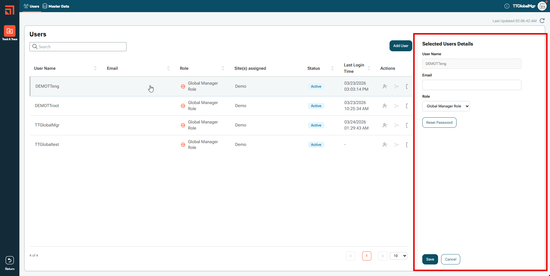 Manage Users in Track & Trace – Seagull Support Portal